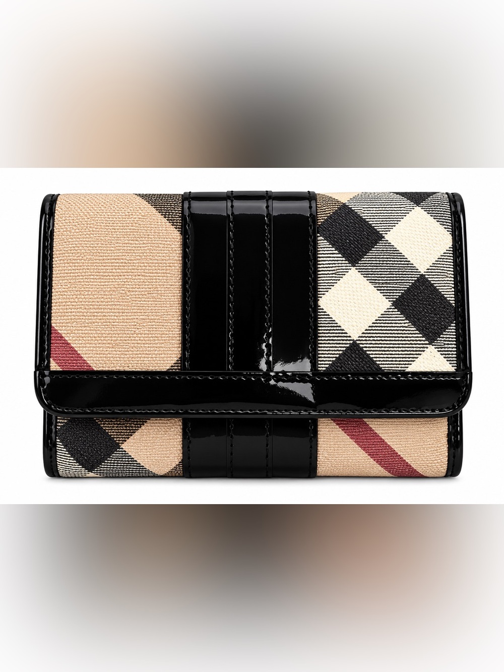 Burberry Beige Check Wallet with Black Patent Trim and Red Accent